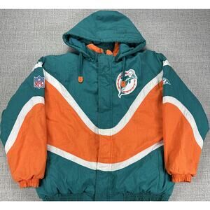 Vintage Miami Dolphins Jacket Puffer Large Green Orange Apex One 90s Zip Up